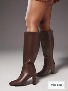 SHUZIA Botas altas hasta la rodilla con punta almendrada y tacón ancho para mujer - Marrón - Ver 2