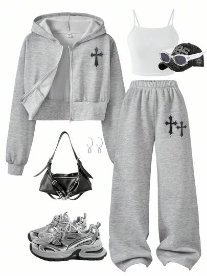 3pcs/Set Teen Girls Solid Color Fleece Lined Zip-Up Hoodie, Camisole And Wide Leg Pants Casual Outfit, Suitable For Daily Wear, Commuting And School Fall Winter