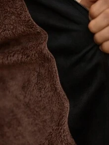 HIMLAND Áo khoác cổ lông cừu san hô vá da lộn thường ngày cho nam, phù hợp cho mùa thu/đông - màu đen - Xem 5