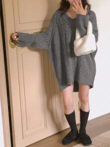 DAZY 宽松圆领麻花针织长袖休闲中长款毛衣，法式时尚秋冬 - 灰色 - 查看 4