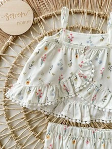 Bộ đồ liền thân họa tiết hoa kẻ sọc dễ thương mùa hè cho bé gái sơ sinh và quần short cạp chun - Nhiều màu - Xem 5