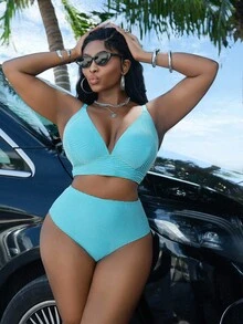 Slaydiva 全新大码女式提花 V 领吊带比基尼泳装套装