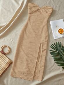 SHEIN VCAY Gaun Bodycon Rajut Polos Kasual dengan Belahan di Bagian Bawah untuk Wanita - Khaki - View 6