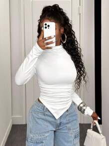 BamGleam Solid Color Stand Collar Asymmetric Hem T-Shirt Fall Cloth For Women