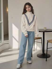 Tween Girl Casual Athletic Ribbed Zipper V-Neck Pullover Sweatshirt For Autumn/Winter