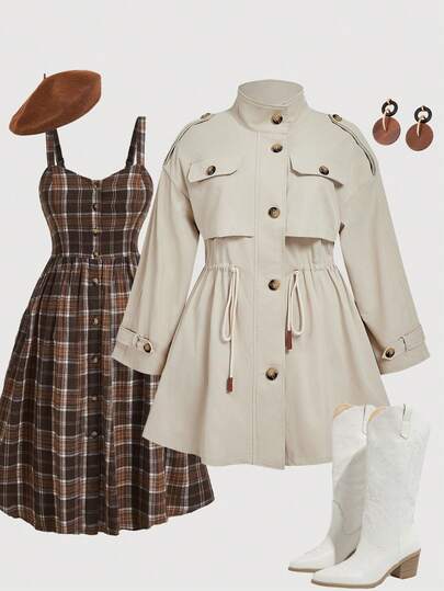 SHEIN MOD Plus Size Khaki Mid-Length Windbreaker, Cinched Waist Design, Long Sleeve Windbreaker For Autumn,Autumn, Autumn Windbreaker, Autumn Coat, Autumn  Coat, Khaki Coat Winter Fall,Winter Coats,Autumn Coats,Fall  Coats