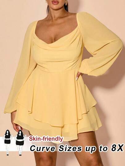 SHEIN CURVE+ 加大码宽松圆领长袖连体裤，浅黄色，秋季，女士秋季服装/秋冬