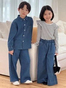 Genkimix Kids Bộ đồ thường ngày mùa xuân/thu mới dành cho bé gái, áo thun dài tay kẻ sọc + quần jeans ống rộng dáng suông, dễ thương và đơn giản. - Đen và trắng - Xem 4
