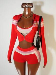 BamGleam 女士街头服饰撞色拉链开衫和吊带背心搭配短裤套装 - 彩色 - 查看 4