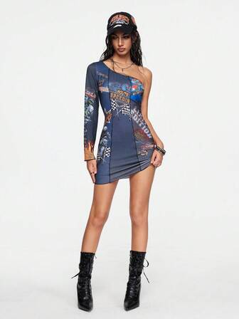 Street Life Abito mini asimmetrico da donna con stampa patchwork stile retrò da corsa su strada