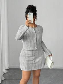 Elenzga Set jachetă elegantă în carouri, cu mânecă lungă, scurtă și fustă scurtă, mărime plus, primăvară/toamnă - Alb-negru - Vizualizare 5