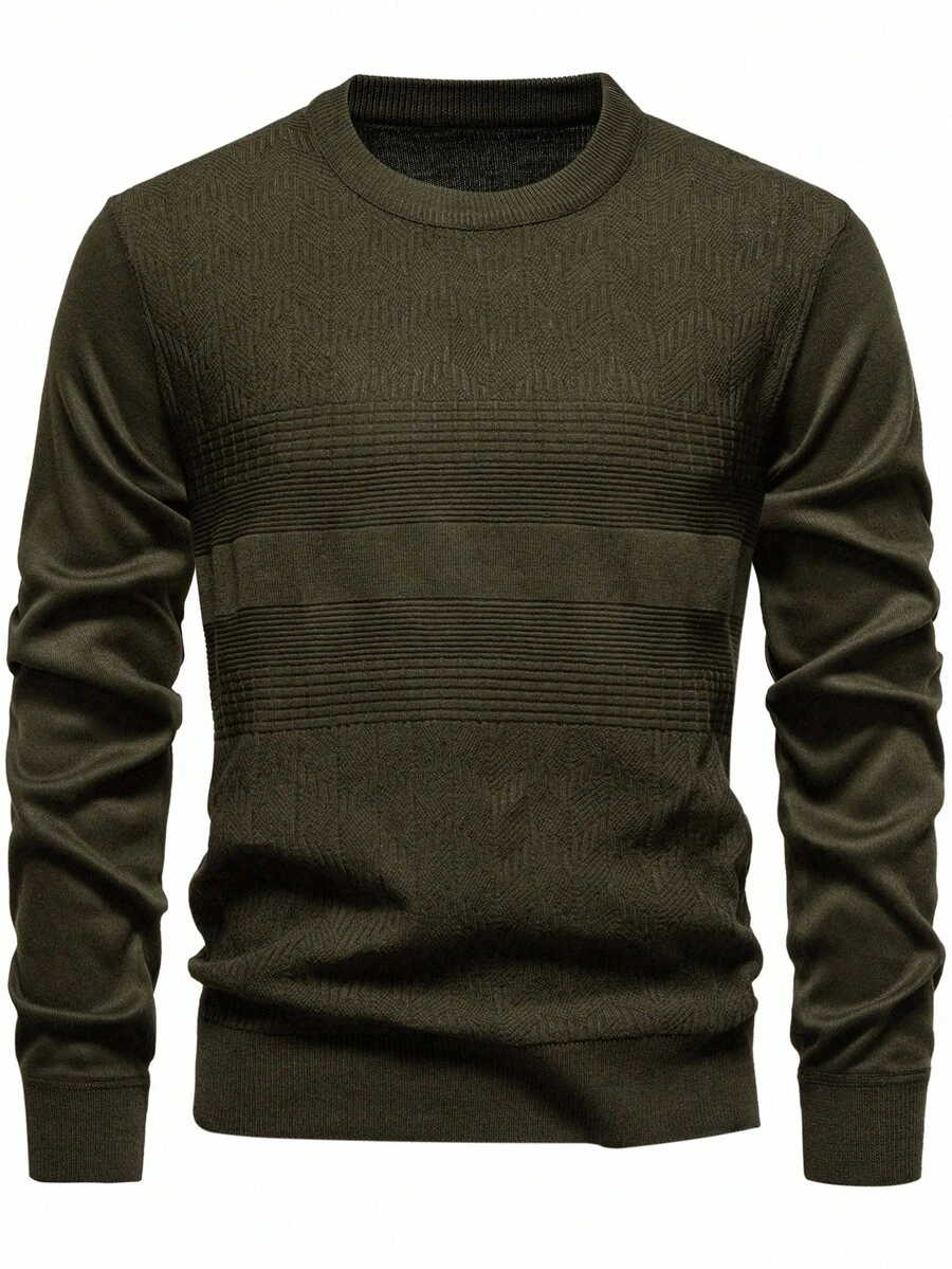 Manfinity Mode 男士纯色轻薄针织毛衣，圆领，长袖，春秋季 - 軍綠色 - 查看 1
