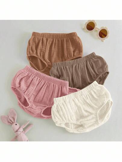 Loomiva Set de 4 piezas de shorts de burbujas con cintura elástica y volantes para bebés recién nacidos unisex de unicolor