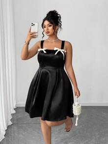 Elenzga Vestido de satén tejido con decoración de lazo para mujer de talla grande, estilo gótico femenino oscuro y preparatorio - Negro - Ver 6