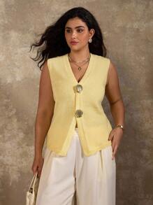 Flirla Chaleco de punto con botones de concha para mujer de talla grande, suéter superior versátil de moda casual