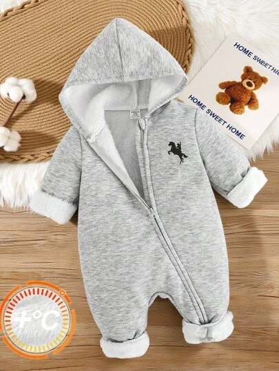 SHEIN Mono de punto gris con forro térmico para bebés niños, ajuste holgado con capucha y manga larga, con cremallera estampada, conjunto térmico grueso para interior y exterior, otoño/invierno