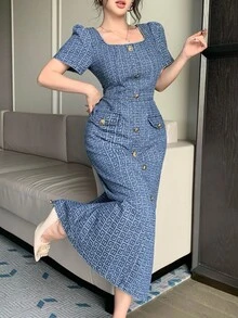 DAZY Casual Washed Floral Print Square Neck Puff Sleeve Women Denim Dress, Summer