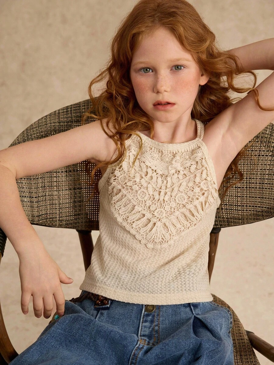 女童夏季编织饰边露背短款上衣，适合度假/海滩、假日、夏季、旅行 - 杏色 - 查看 1