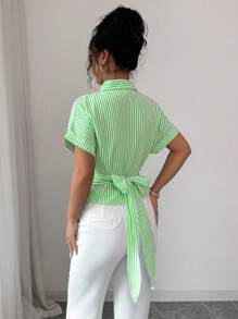 Elenzga 女士休闲通勤条纹系腰衬衫，夏季 - 綠色 - 查看 2