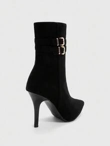 CUCCOO SZL 女士尖头细高跟扣性感优雅时尚中筒靴 - 黑色 - 查看 4