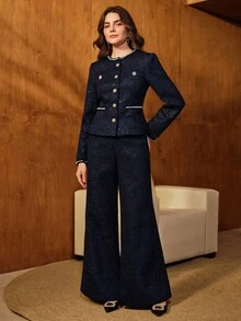 Anewsta Women's Vintage Round Neck Tweed Sequin Tassel Pearl Knit Elegant Metal Button Waist Long Sleeve Christmas Short Jacket - Navy Blue - View 5