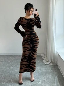 Elenzga 女士圆领长袖时尚修身优雅迷人拼色紧身连衣裙 - 咖啡棕 - 查看 4