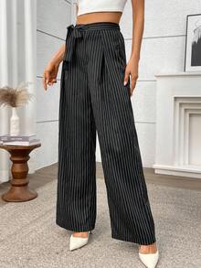 EMERY ROSE 女士打结腰部褶皱条纹阔腿宽松休闲裤 - 黑色 - 查看 3