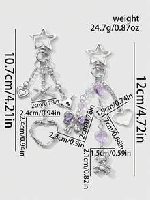 ROMWE Kawaii 2 件 Y2K 别致时尚银星链镂空刺心水晶蝴蝶结蝴蝶翅膀泰迪熊锁钥匙链包饰组合套装，适合姐妹、女朋友、情侣、朋友日常佩戴、节日礼物 - 銀紫色 - 查看 10