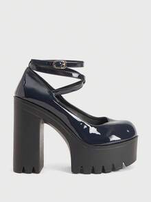 Sugerpunk 女士休闲防水厚底高跟鞋，秋季时尚深蓝色踝带扣高跟鞋，适合派对、旅行、聚会 - 藏蓝色 - 查看 1