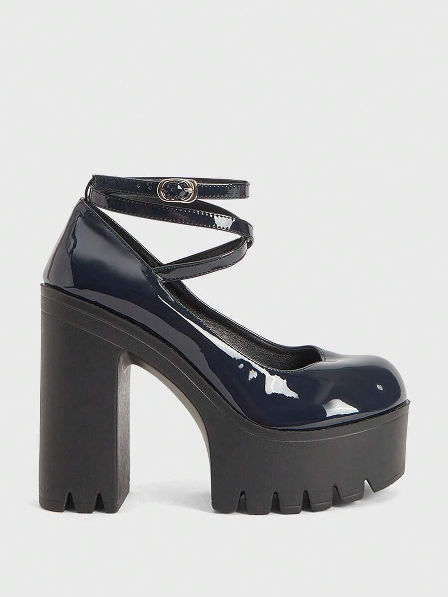 Sugerpunk 女士休闲防水厚底高跟鞋，秋季时尚深蓝色踝带扣高跟鞋，适合派对、旅行、聚会 - 藏蓝色 - 查看 1