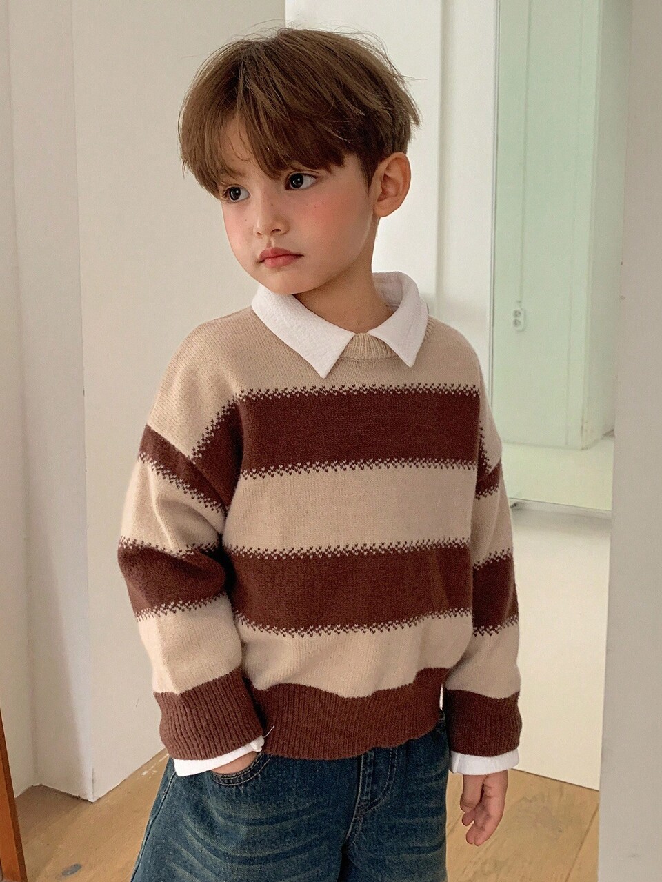 Young Boys Casual Loose Fit Striped Knit Sweater, Japanese Style For Autumn