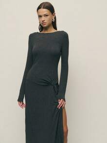 Nöista Dark Grey Maxi Dress – Elegant Fall Dress With Long Sleeves, Side Knot Detail, And A Sleek Silhouette. Perfect For Fall Outfits Women Love, Winter Dresses, Or As A Chic Option For Office Outfits And Evening Wear. - Dark Grey - View 3