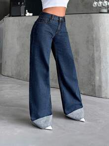 SHEIN PETITE HIGH WAIST100%Cotton Rolled Up Wide Leg Jeans - Medium Wash - View 3