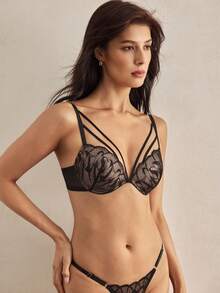 Charlaine 1/2 Cup Lace Lined Underwire Padded Plunge Bra With Contrast Trim, Romantic Women's Lingerie Lingerie Sets Push Up - Black - View 4