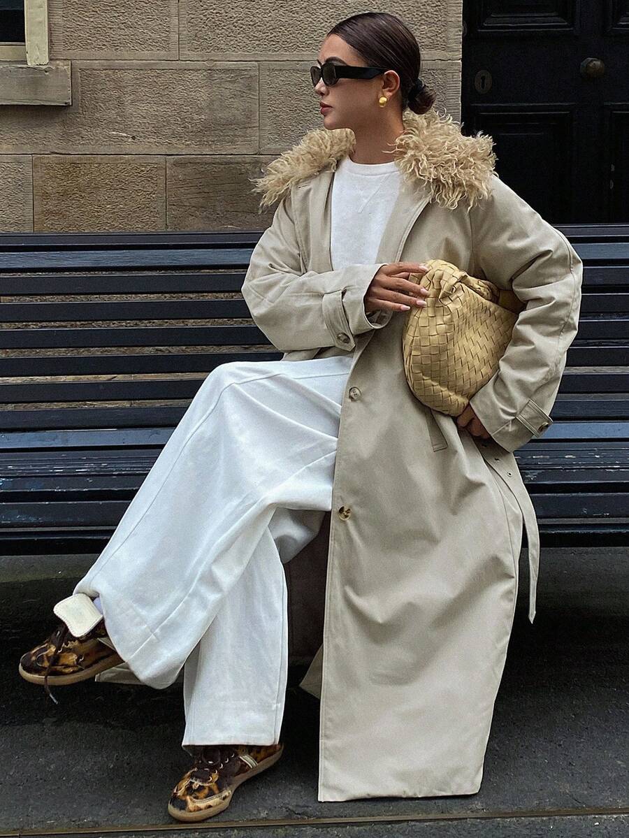 Livesso Women's Loose Long Belted Patchwork Fur Collar Thick Pockets Long Sleeve Cotton Padded Coat, Autumn/Winter - Khaki - View 1