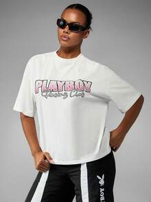 Missguided x Playboy Racing Club Vintage Style Cotton T-Shirt With Pink Racing Car Design Oversized Fit Basic Short Sleeve Casual Summer Streetwear - White - View 2