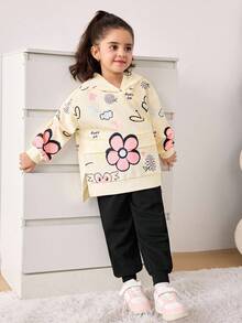 SHEIN 2 pièces/Set Tenue de sport décontractée, sweat-shirt à capuche oversize avec imprimé de fleur de cœur de bande dessinée et slogan en anglais, assorti avec un pantalon de jogging en tricot, convient pour l'automne/l'hiver, retour à l'école - Nude - Voir 3