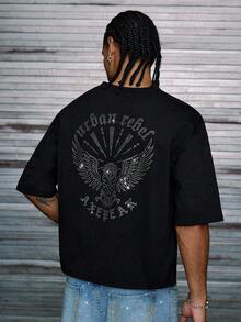 AXEPEAK 男式宽松老鹰印花水钻短袖T恤 - 黑色 - 查看 3