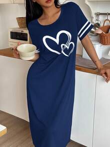 SHEIN 针织面料女士睡裙，短袖，时尚休闲设计，藏蓝色，Moo Moo 睡衣 - 藍色 - 查看 4