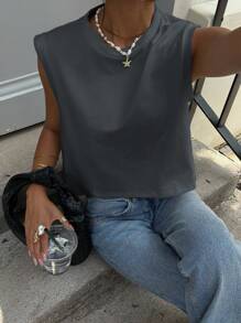 SHEIN Essnce Women Solid Round Neck Sleeveless Loose Cropped Tank Top - Dark Grey - View 5