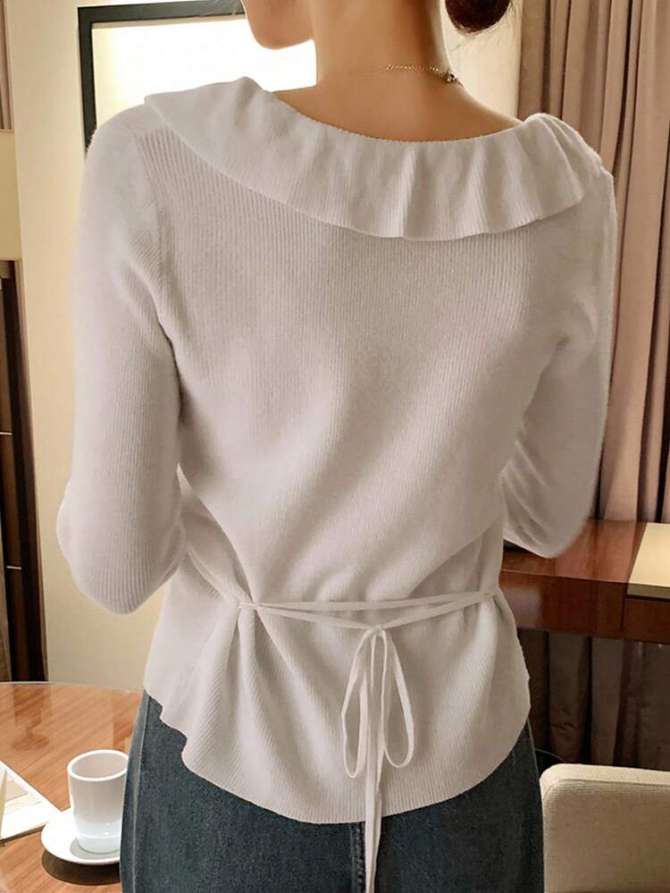 French Sweet V-Neck Tie Waist Slim Fit Long Sleeve Ruffled Hem Sweater For Women Fall