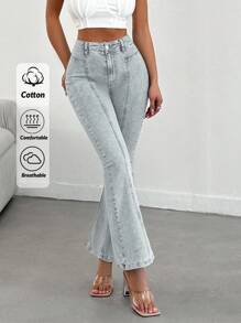 EURMUSE 98%纯棉高腰修身休闲喇叭裤 - 淺色水洗藍 - 查看 1