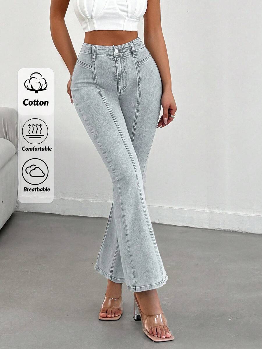 EURMUSE 98%纯棉高腰修身休闲喇叭裤 - 淺色水洗藍 - 查看 1