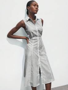 Maija 2025秋冬条纹单排扣收腰碎花镂空口袋休闲无袖衬衫裙，现代优雅都市浪漫端庄简约复古风格，适合婚礼嘉宾、生日、万圣节、商务休闲、办公室、约会、派对、圣诞节、新年 - 黑色 - 查看 7