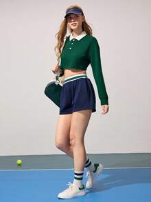 CourtClass CourtClass Women's Casual Graphic Hoodie With Pockets,Loose Cropped Sweatshirt,Matching Relaxed Fit Sports Shorts,Suitable For Workout,Tennis,And Daily Wear - Navy Blue - View 6