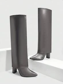 CUCCOO SZL Women's Pointed Toe Thick High Heel Boots, Silver PU Fabric Double Layer Design, Fashion Minimalist For Daily, Party, Banquet, Side Zipper - Silver - View 2