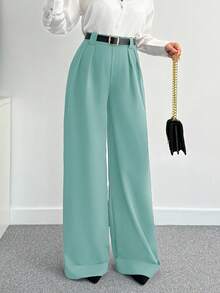 EURMUSE Women Solid Color High Waist Wide Leg Pants - Mint Green - View 3
