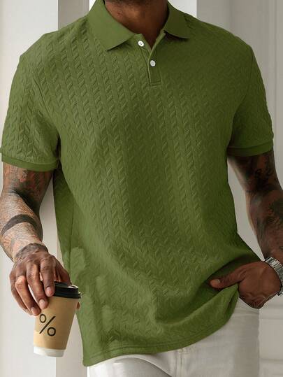 Manfinity Homme Men's Casual Solid Color Textured Short Sleeve Polo Shirt, Summer
