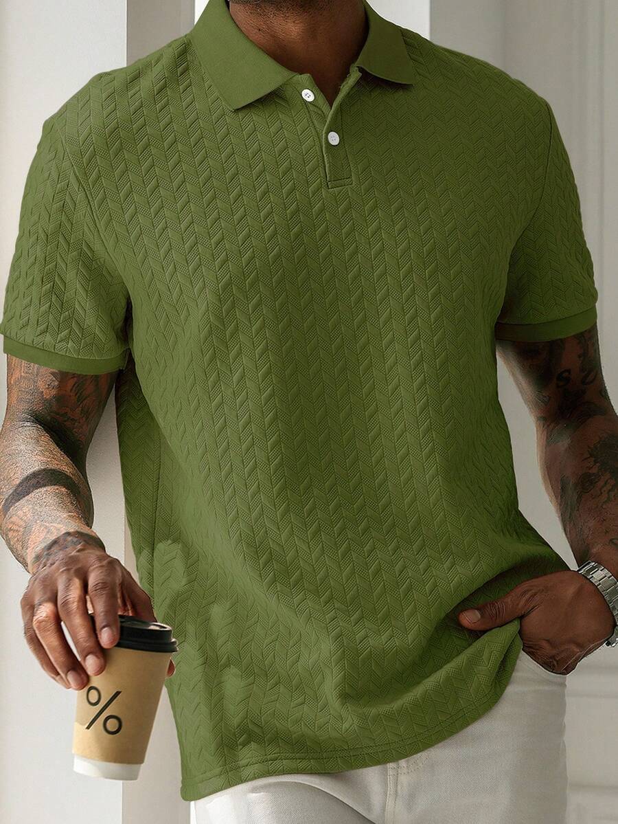 Manfinity Homme Áo thun polo tay ngắn họa tiết trơn màu thường ngày cho nam, mùa hè - xanh quân đội - Xem 1