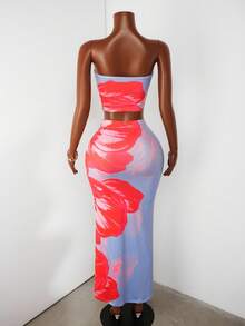 Zolique 2 件套夏季优雅花卉印花抹胸短款上衣和裙子 - 霧霾藍 - 查看 2